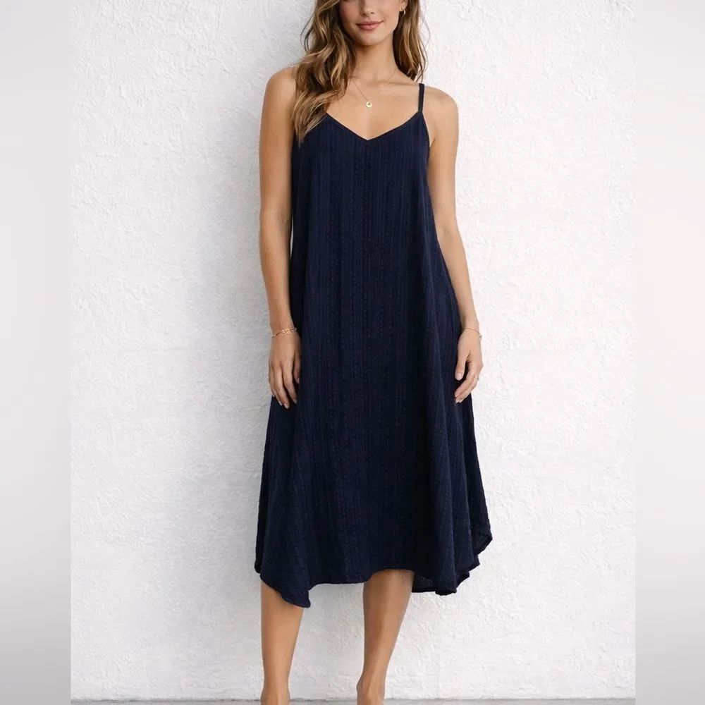 Allen Allen USA Navy Textured Stripe Swing Midi Dress Spaghetti Strap Medium